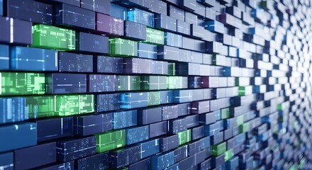 futuristic digital art of a wall made of dark blue and green glowing blocks with intricate patterns and glowing edges