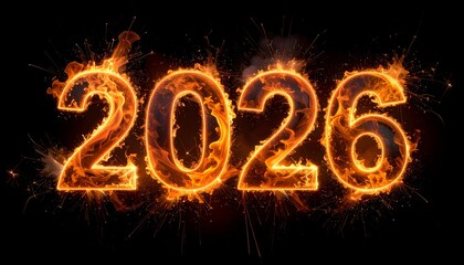 Fiery 2026 text with fire and spark effects on black