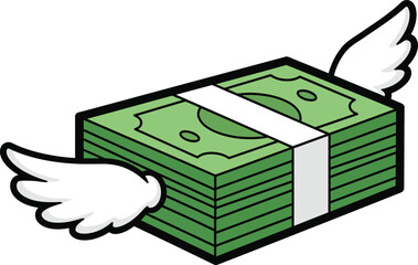 A cartoon stack of green banknotes with white feathered wings flying away.