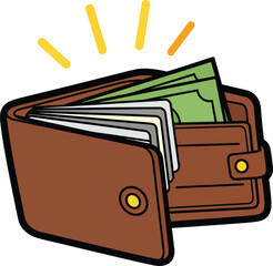 A cartoon illustration of an open brown bifold wallet full of green cash banknotes and white cards.