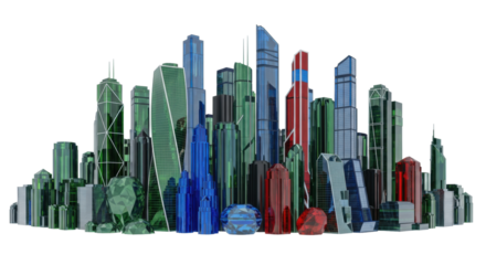 Detailed, low-angle panoramic skyline of faceted skyscrapers in emerald, sapphire, and ruby crystal, floating on a transparent background with ample copy space. Concept of architectural luxury and