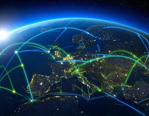 Earth at night with connecting lines across Europe