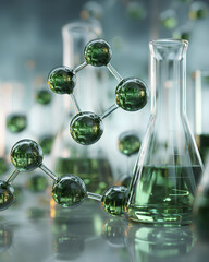 Green translucent molecular structures floating above chemical glassware in a modern lab setting symbolizing sustainable innovation and green chemistry  
