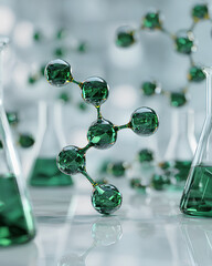 Green translucent molecular structures floating above chemical glassware in a modern lab setting symbolizing sustainable innovation and green chemistry  
