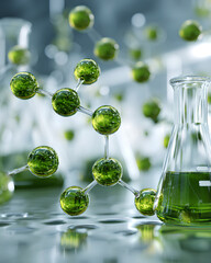 Green translucent molecular structures floating above chemical glassware in a modern lab setting symbolizing sustainable innovation and green chemistry  
