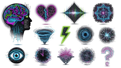 Collection of abstract digital art symbols and icons for creativity