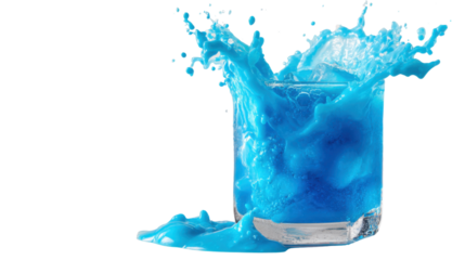 Refreshing blue liquid splashing out of a clear glass, cool dynamic beverage motion, transparent background