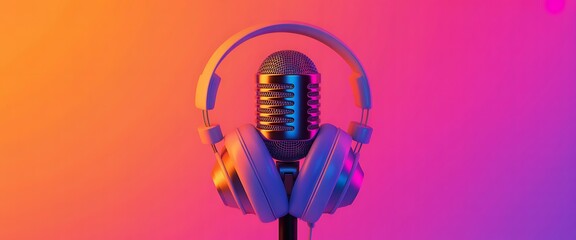 Vintage microphone with modern headphones in neon gradient lighting