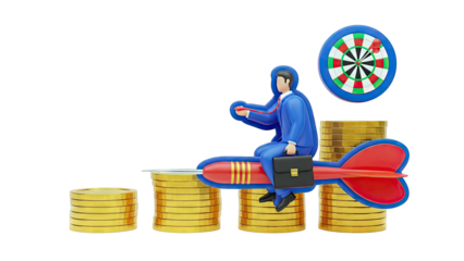 Businessman riding a dart towards financial success