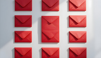 Top View of Red Envelopes Arranged in Rows on a Light Background for Spring Festival Concept,  happy Chinese new year , Korean decoration Red, Valentine's Day