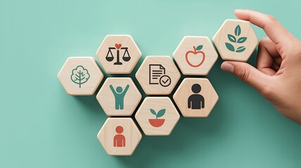 Hexagonal blocks representing balance, health, environment, and human well-being
