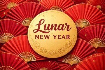 Lunar new year golden medal on red fan pattern background illustration