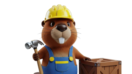 Cartoon beaver construction worker holding hammer and standing by crate
