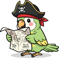 Adorable green pirate parrot character wearing a skull hat and reading a treasure map.