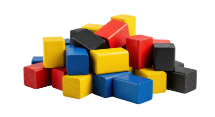 Macro shot of premium wooden construction blocks (red, yellow, blue, black) dynamically piled, showing natural grain and minor wear, isolated on transparent background with copy space. Concept of
