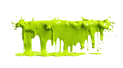 Vibrant lime green paint splashing, flowing, and dripping down, creating an abstract liquid art background with a transparent effect