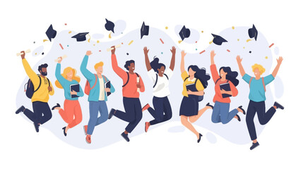 wide flat vector illustration of a diverse group of young graduates
