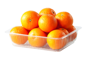 Collection of fresh fruit orange neatly arranged in clear plastic basket typically found in supermarket placed isolated on cutout PNG or transparent background. Packed fruit for sale in stores.