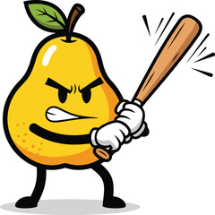 Angry yellow pear cartoon mascot with white gloves swinging a wooden baseball bat.