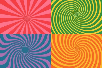 Colorful Psychedelic Swirl and Sunburst Background Set for Carnival and Fiesta