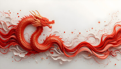 Detailed artistic illustration of a majestic red Chinese dragon with flowing swirls and decorative elements for Year of the Dragon,  happy Chinese new year , Korean decoration Red	