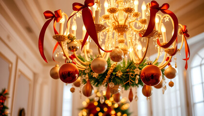 Luxury chandelier with hanging baubles and ribbons, celebration, glowing golden light, elegant festive design