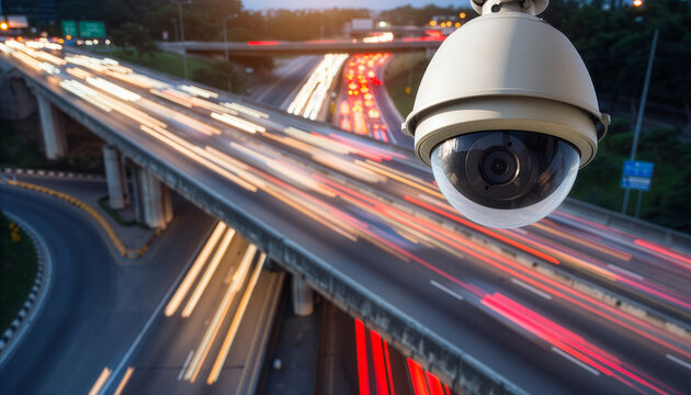 A video camera monitors traffic on a highway.
