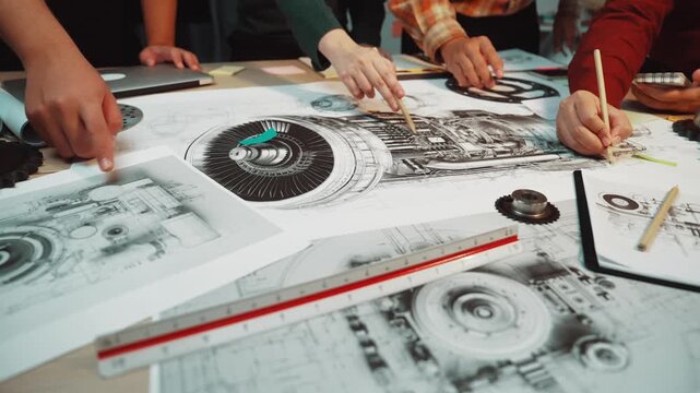 A group of professionals engages in a collaborative engineering session, analyzing detailed technical drawings and schematics on a cluttered table filled with tools and equipment. SACTR