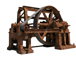 Vintage Rusty Industrial Power Transmission Machine with Large Flywheel Isolated on Transparent B...
