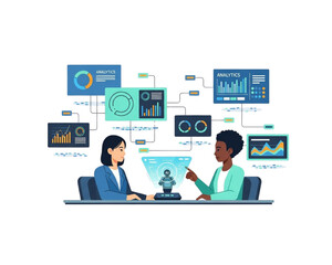 Diverse Coworkers Collaborating with AI Analytics Assistant, Business Data Dashboard Screens, KPI Reporting and Visualization, Digital Transformation, Machine Learning Teamwork Vector Illustration