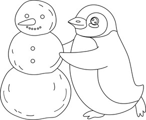 Cute Cartoon Penguin Building a Snowman Outline Coloring Page