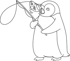 Cute Cartoon Penguin Ice Fishing Outline Coloring Page