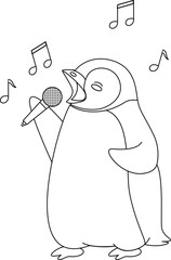 Cute Cartoon Penguin Singing with Microphone Outline Coloring Page