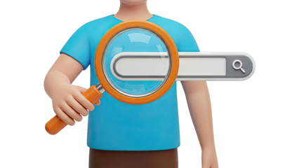 3D Character Holding Magnifying Glass Over Search Bar