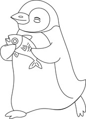 Cute Cartoon Penguin Carrying a Fish Outline Coloring Page