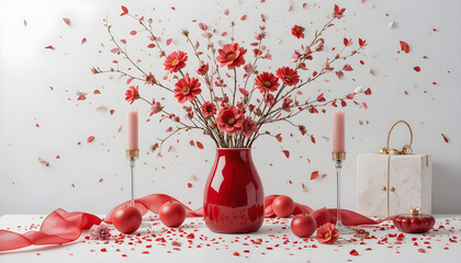 Romantic still life with red flowers in a vase, pink candles, and decorative ribbons, perfect for Valentine's Day or celebratory themes.,  happy Chinese new year , Korean decoration Red	