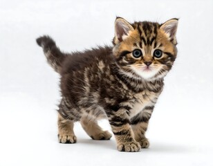 Obraz premium A fluffy, adorable kitten with brown tabby markings and bright blue eyes stands facing the camera, on a white background