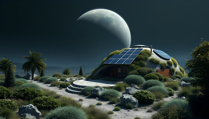 Lunar habitat designed with sustainable materials, covered in vegetation, powered by solar panels, under Earthrise view 2