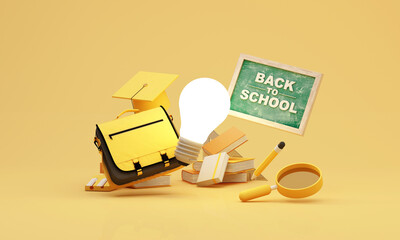 Back to school education concept with light bulb, books, graduation cap and school bag symbolizing knowledge as power, learning motivation and academic success in yellow tone, 3d rendering.
