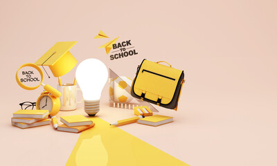 Modern back to school concept with light bulb, school supplies and graduation cap symbolizing ideas, creativity and learning development on clean pastel background, 3d rendering.