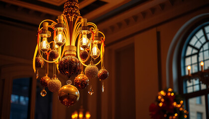Luxury chandelier with hanging baubles and ribbons, celebration, glowing golden light, elegant festive design 2