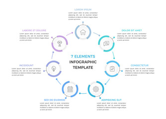 Circle diagram with seven connected circular elements, cycle process with seven steps, infographic template