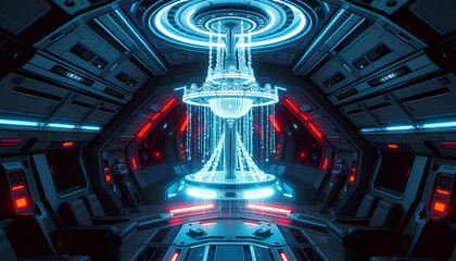 Luxury spaceship interior with a holographic chandelier centerpiece, cinematic sci-fi environment, glowing neon light 2