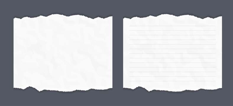 Two white crumpled paper sheets with torn edges, one blank and one with horizontal lines