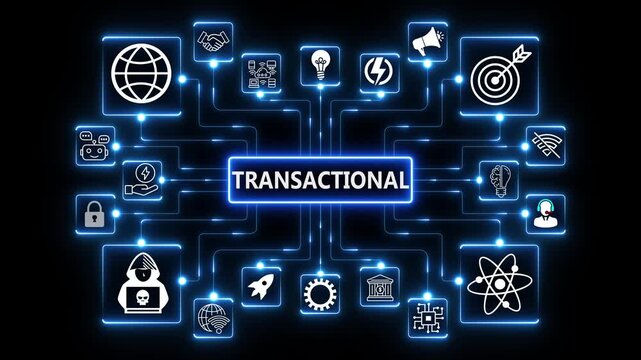 Transactional system network animation with connected technology icons, glowing data nodes and digital business transaction workflow visualization on dark background