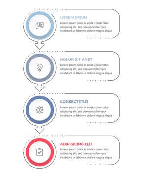 Vertical four step process infographic with circular elements connected by arrows, showing a sequential process or workflow