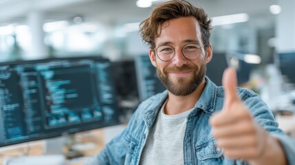 A software engineer in a bright office giving a thumbs-up gesture with a positive expression.