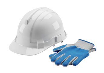 transparent hdpe hard hat and blue/grey textured industrial gloves, isolated on an infinite white studio background with high-key lighting. Concept of professional ppe quality and safety.