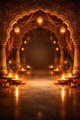 Royal Mughal-style arch frame, glowing lamps inside arch, dark interior, empty middle