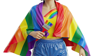 Person Holding Rainbow Paintbrush with Rainbow Flag Drape
